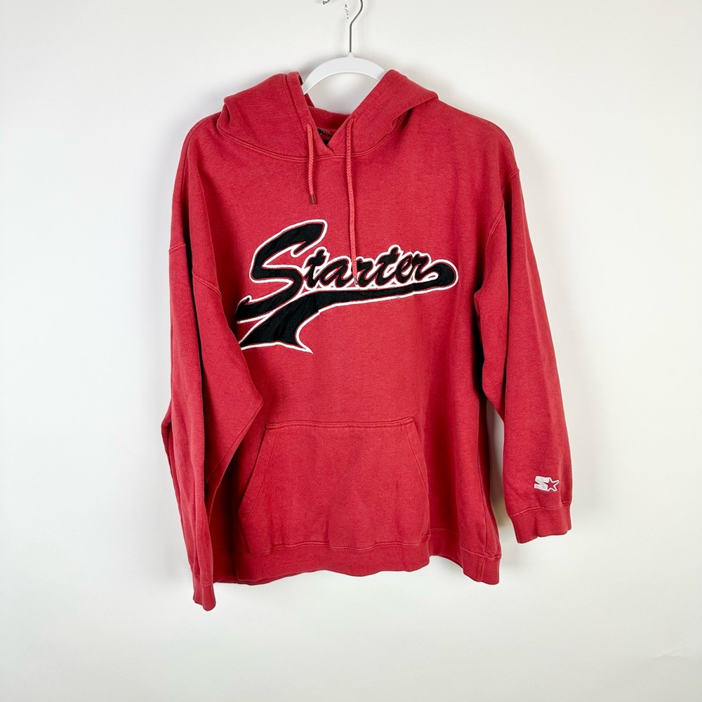 Vintage Y2K Starter Script Hoodie XL Red Embroidered Patch